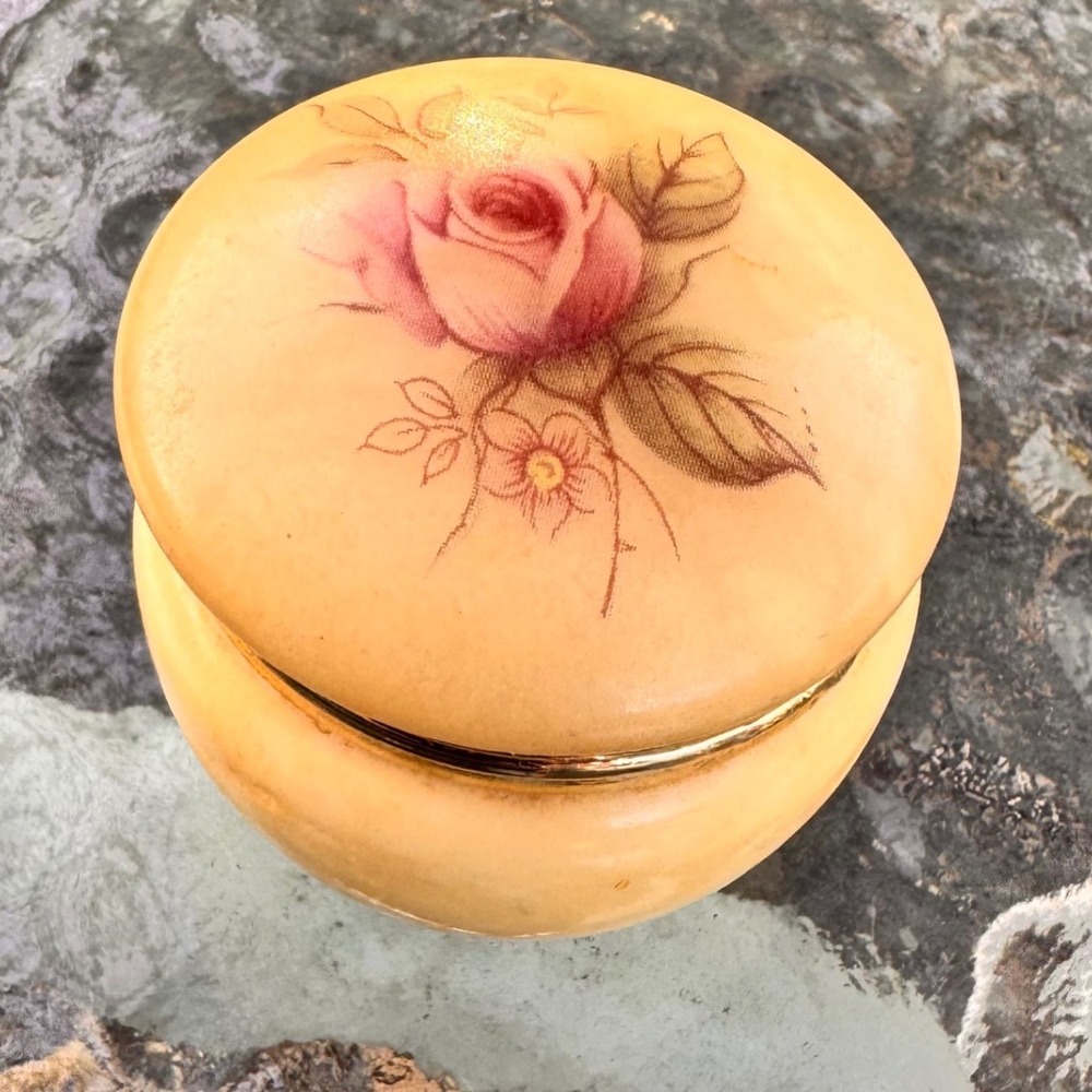 Vintage Mirone San Gimignano Italy Gold Hinged Trinket Box Floral Painted Rose